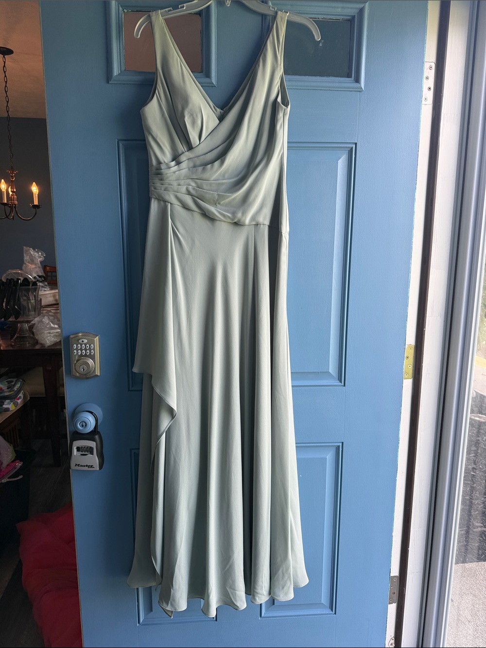 David's Bridal Sage Green High-Low V-Neck Draped Evening Gown